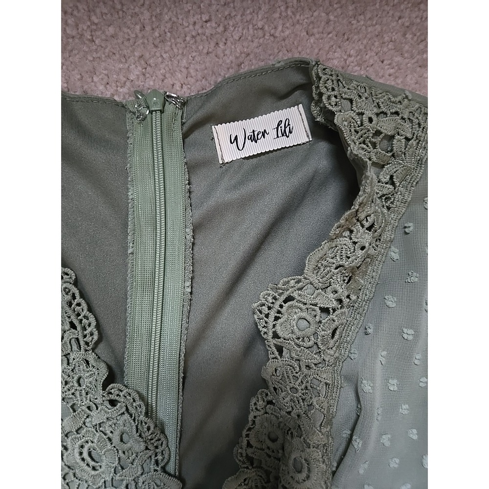 WATER LILY Lace Trim Olive Green Maxi Dress Size Medium M Tiered - Picture 8 of 16